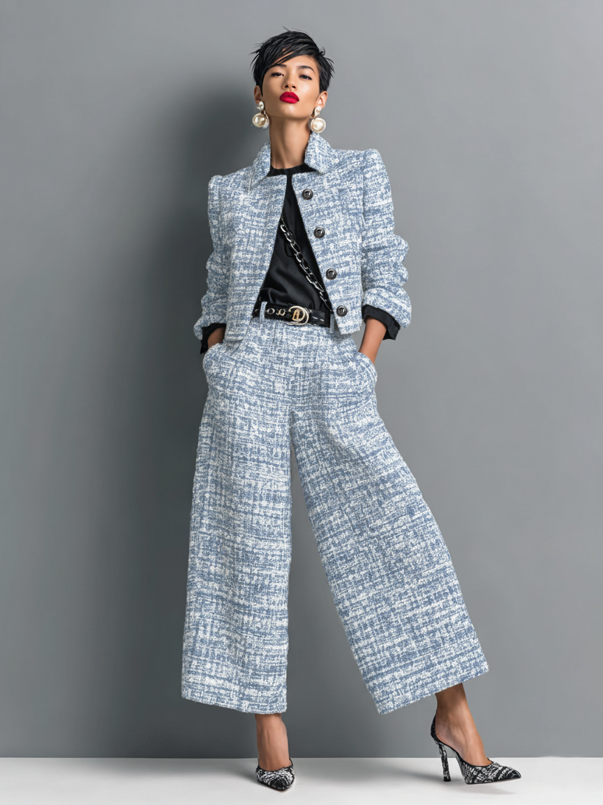 Women's Clothing Set with Long-Sleeve Jacket and Wide-Leg Pants