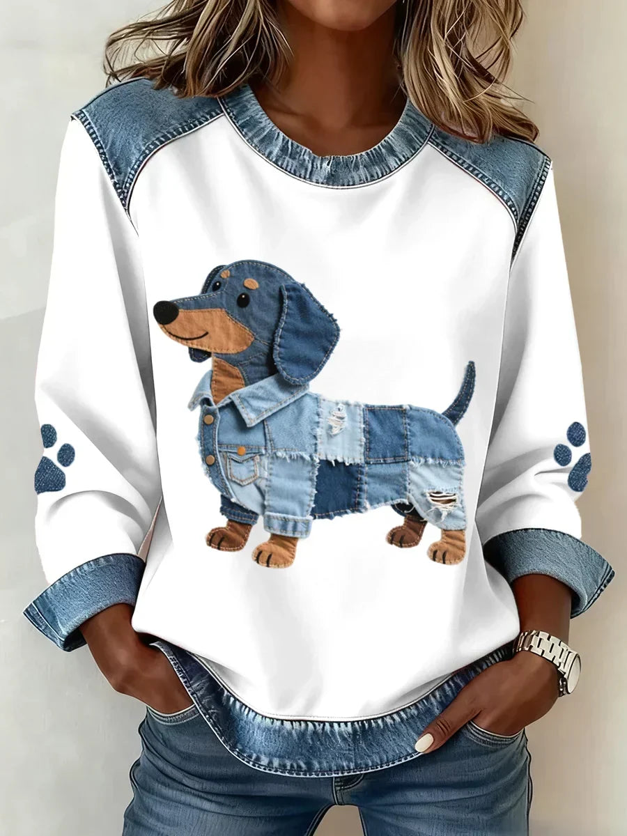 Women's Sweatshirt with Patchwork Dachshund Print