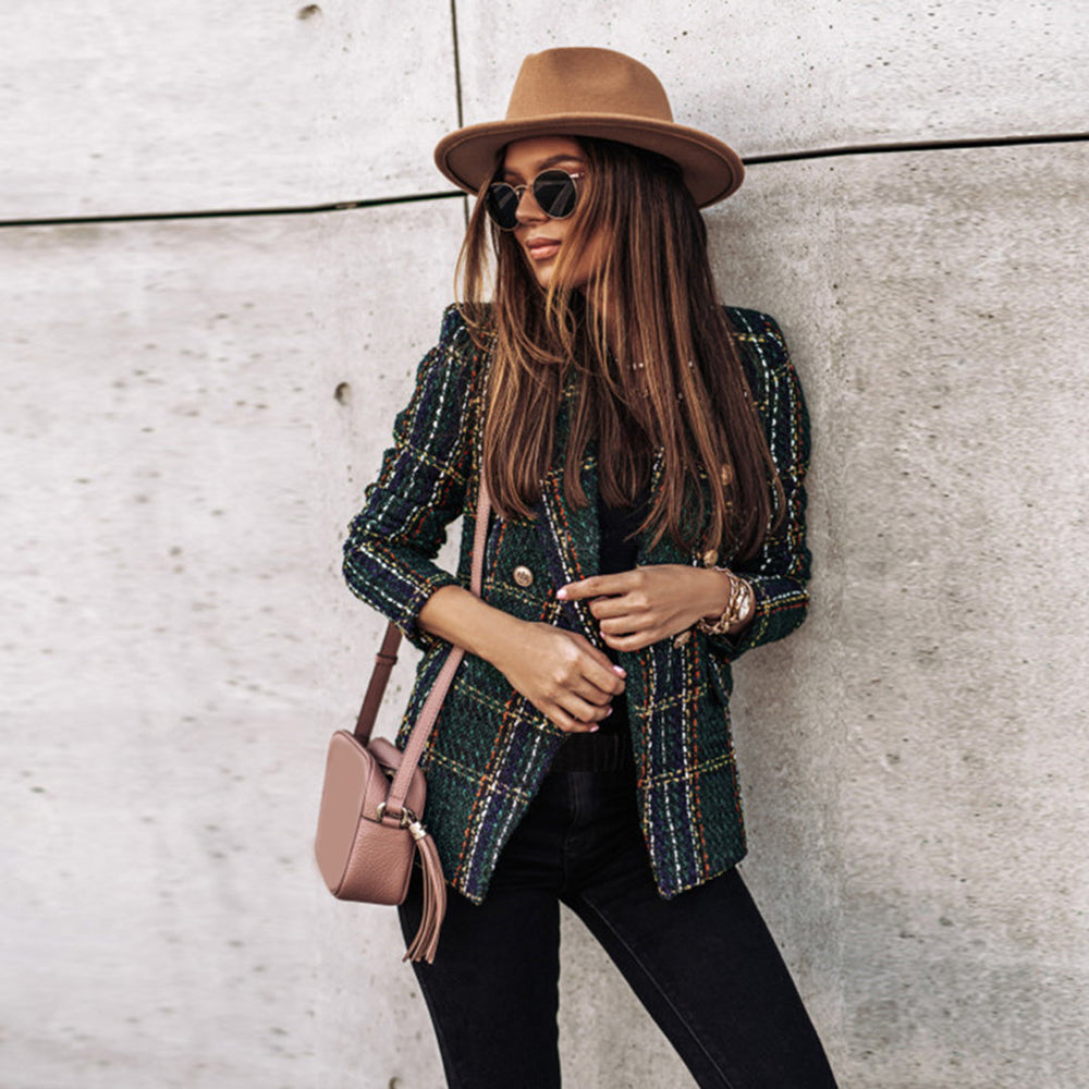 Women's Plaid Blazer with Lapel Collar and Decorative Buttons