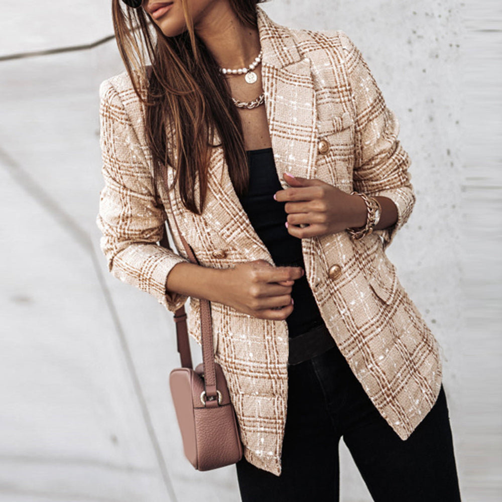 Women's Plaid Blazer with Lapel Collar and Decorative Buttons