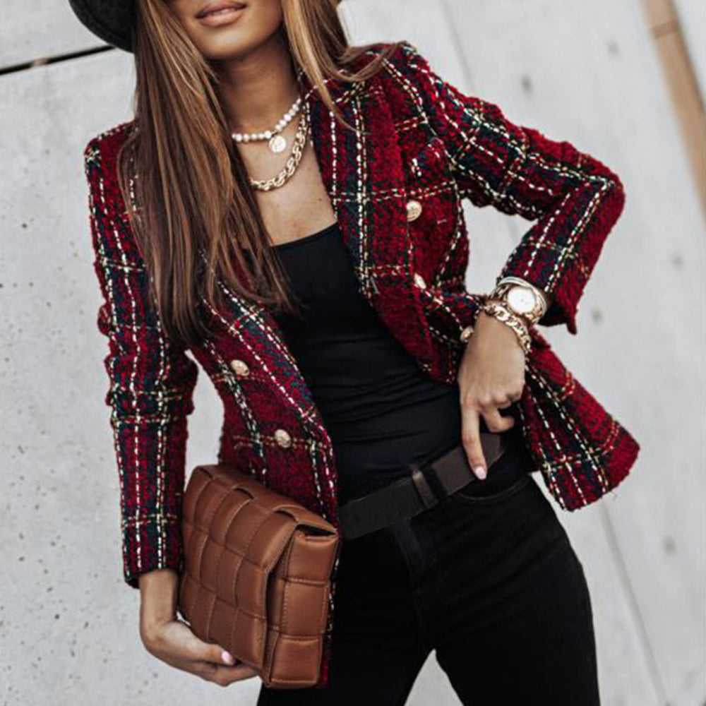 Women's Plaid Blazer with Lapel Collar and Decorative Buttons