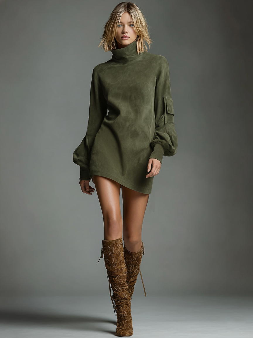 Women's Faux Suede Turtleneck Mini Dress