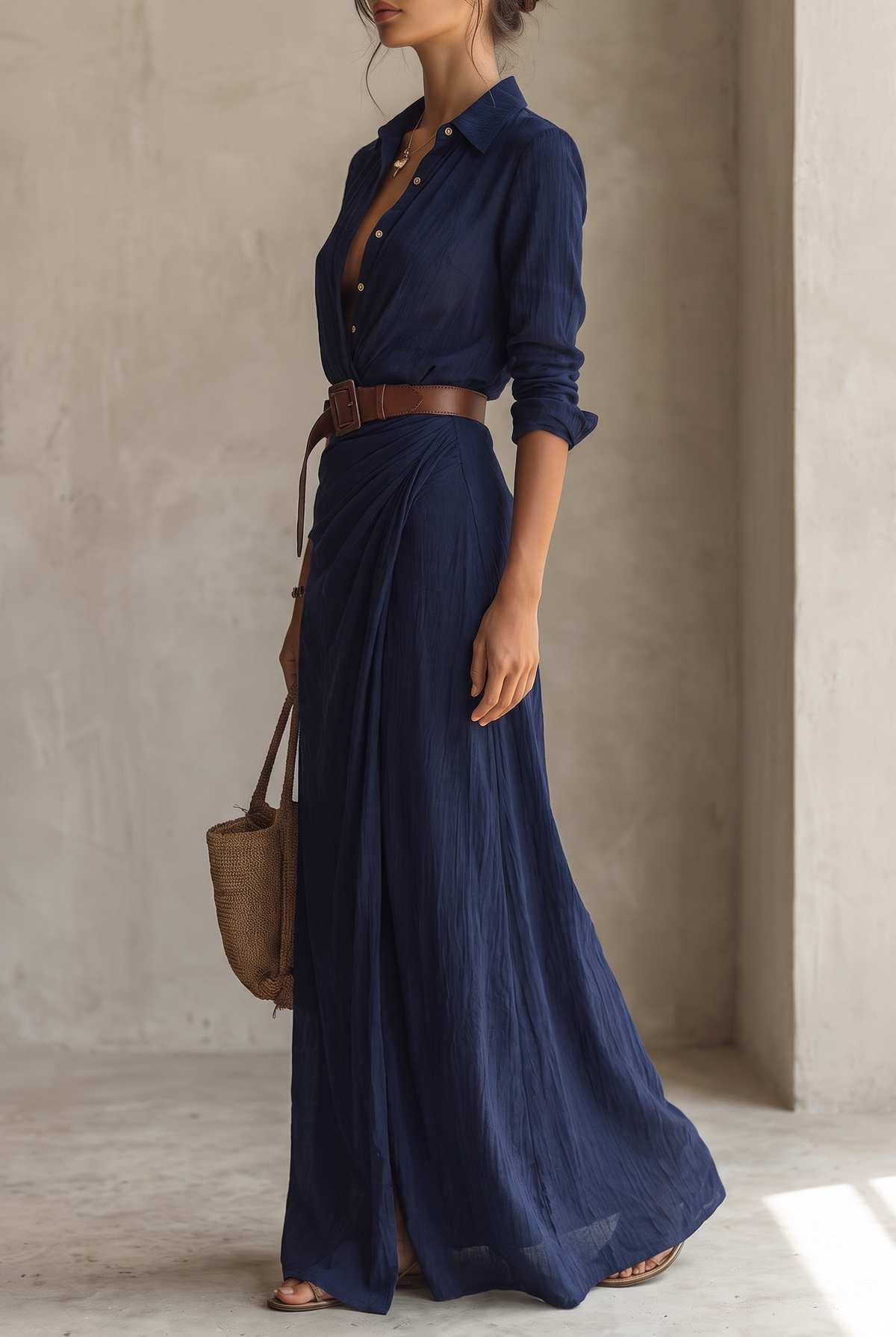 Women's Single-Breasted Maxi Dress with Lapel, Belt & Long Sleeves