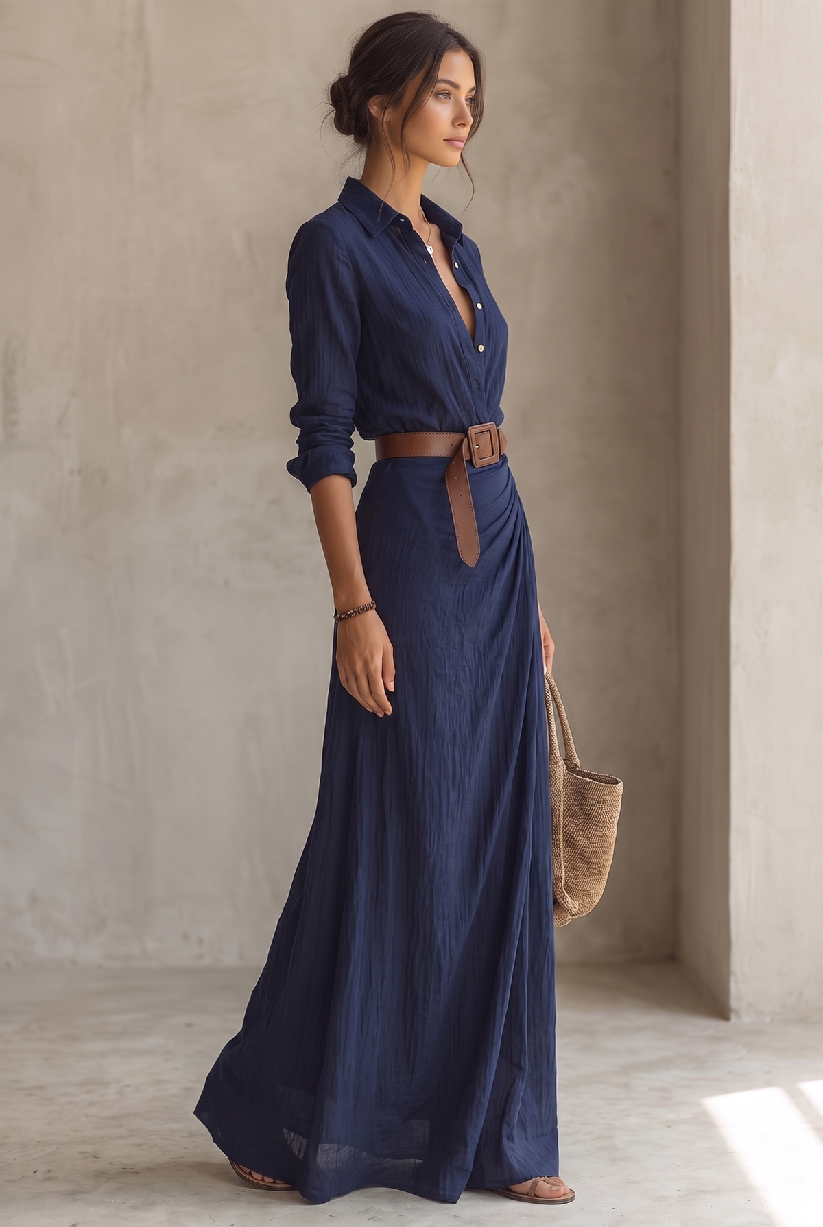 Women's Single-Breasted Maxi Dress with Lapel, Belt & Long Sleeves