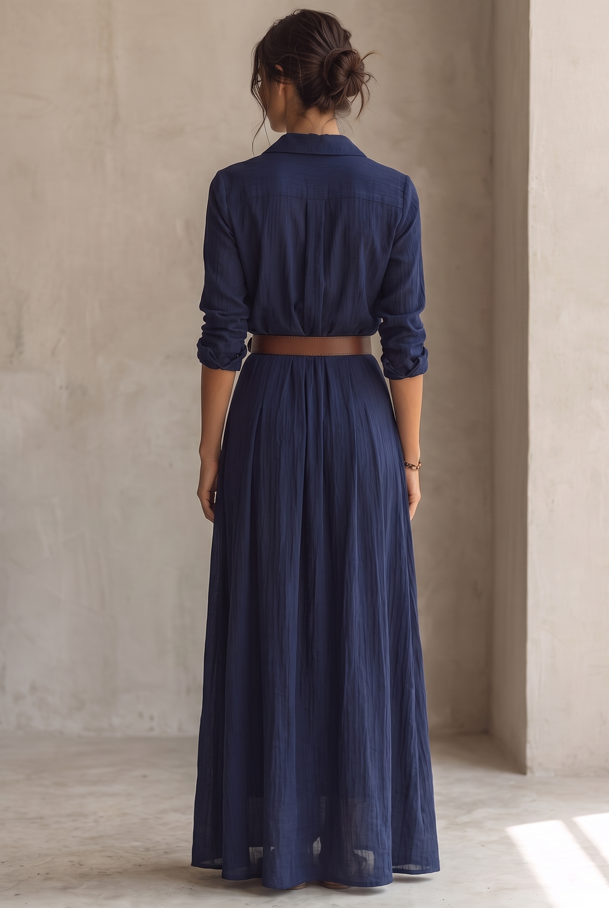 Women's Single-Breasted Maxi Dress with Lapel, Belt & Long Sleeves