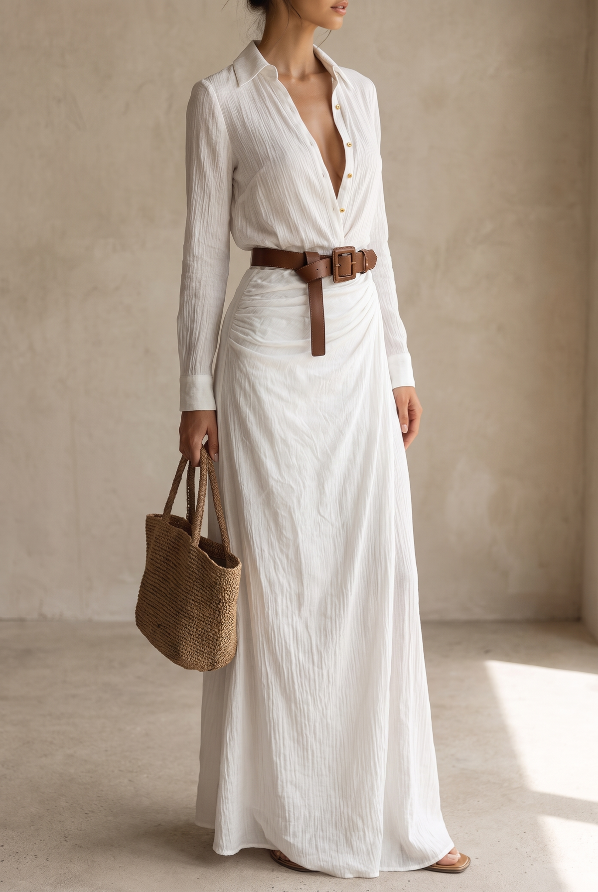 Women's Single-Breasted Maxi Dress with Lapel, Belt & Long Sleeves
