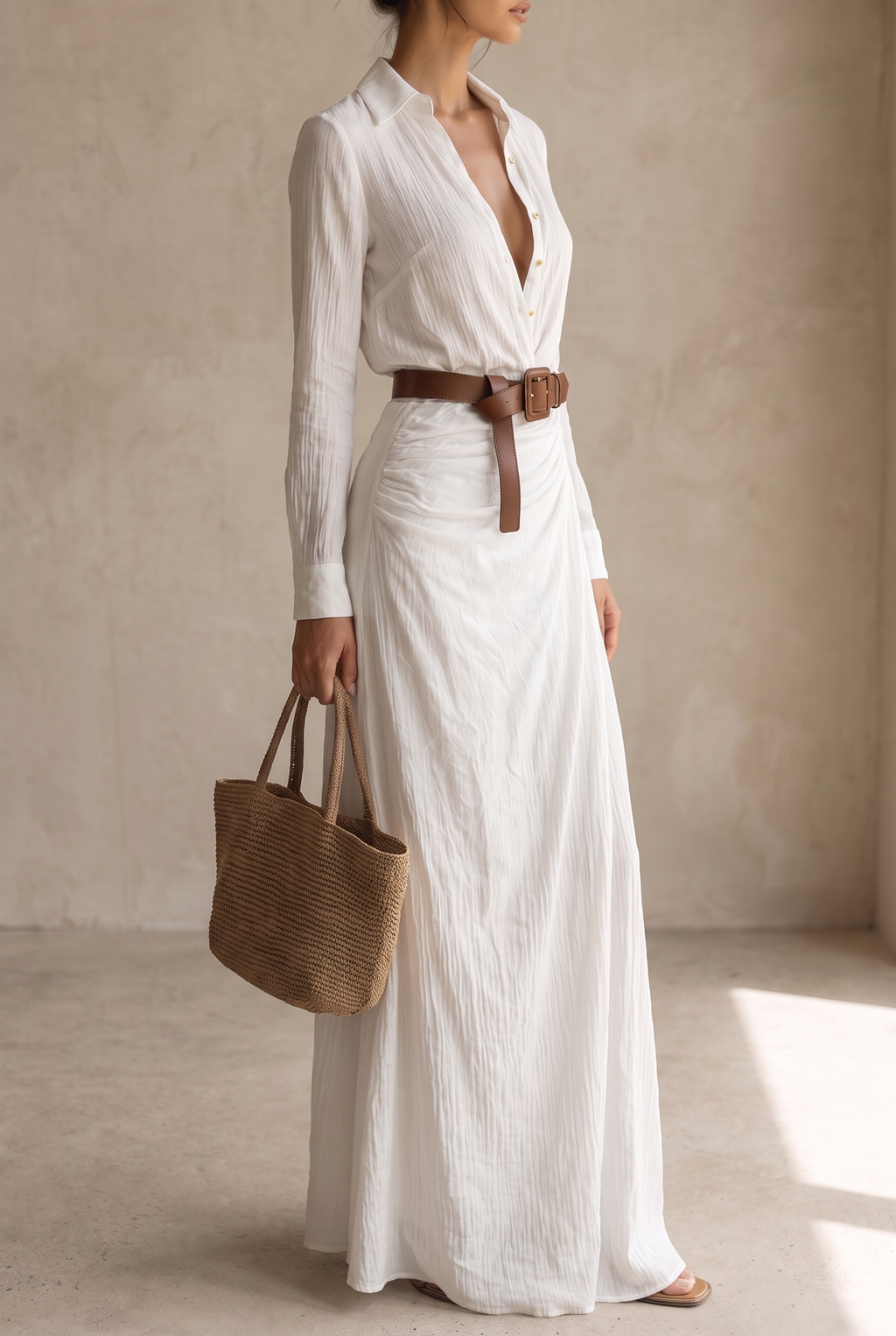 Women's Single-Breasted Maxi Dress with Lapel, Belt & Long Sleeves