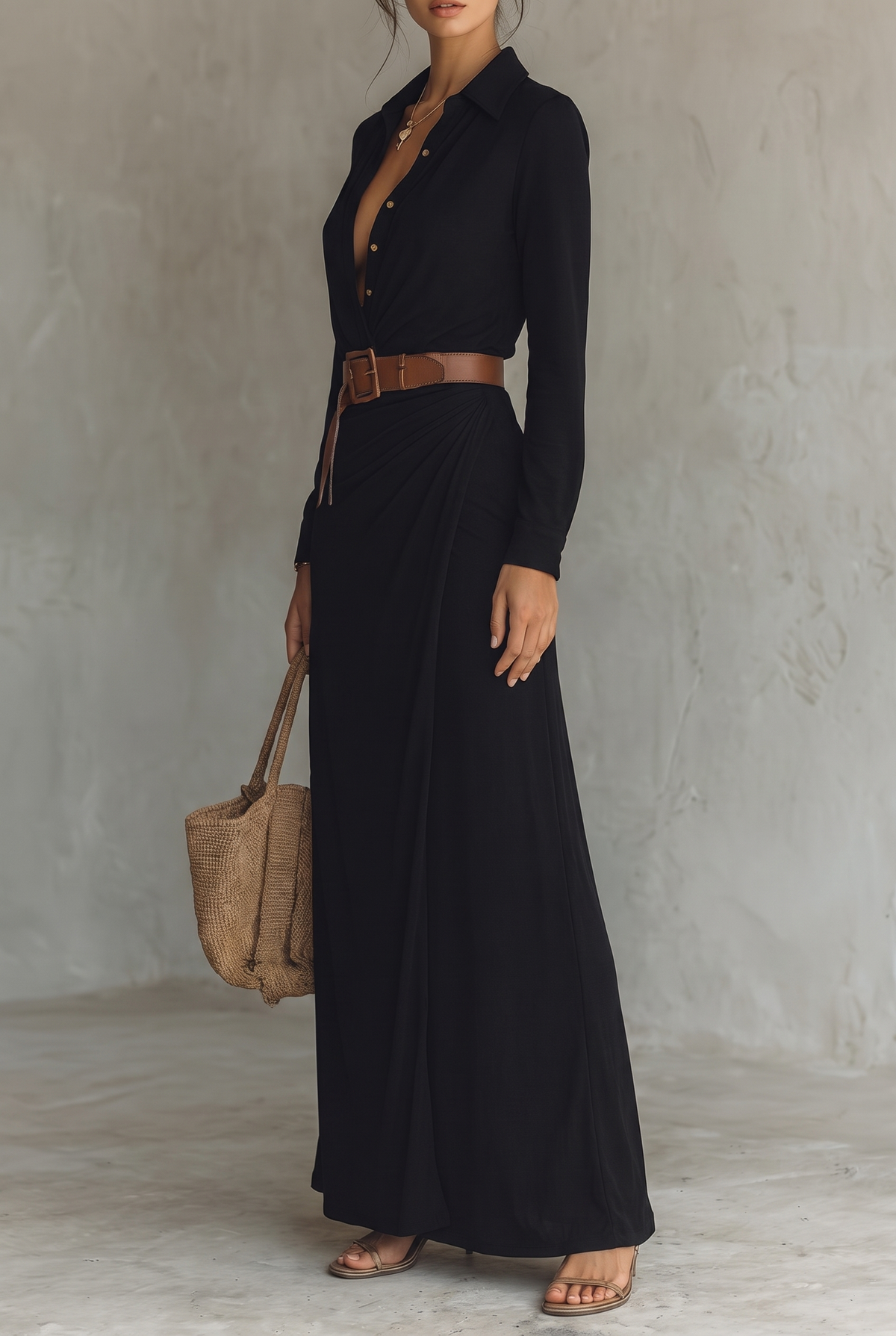 Women's Single-Breasted Maxi Dress with Lapel, Belt & Long Sleeves