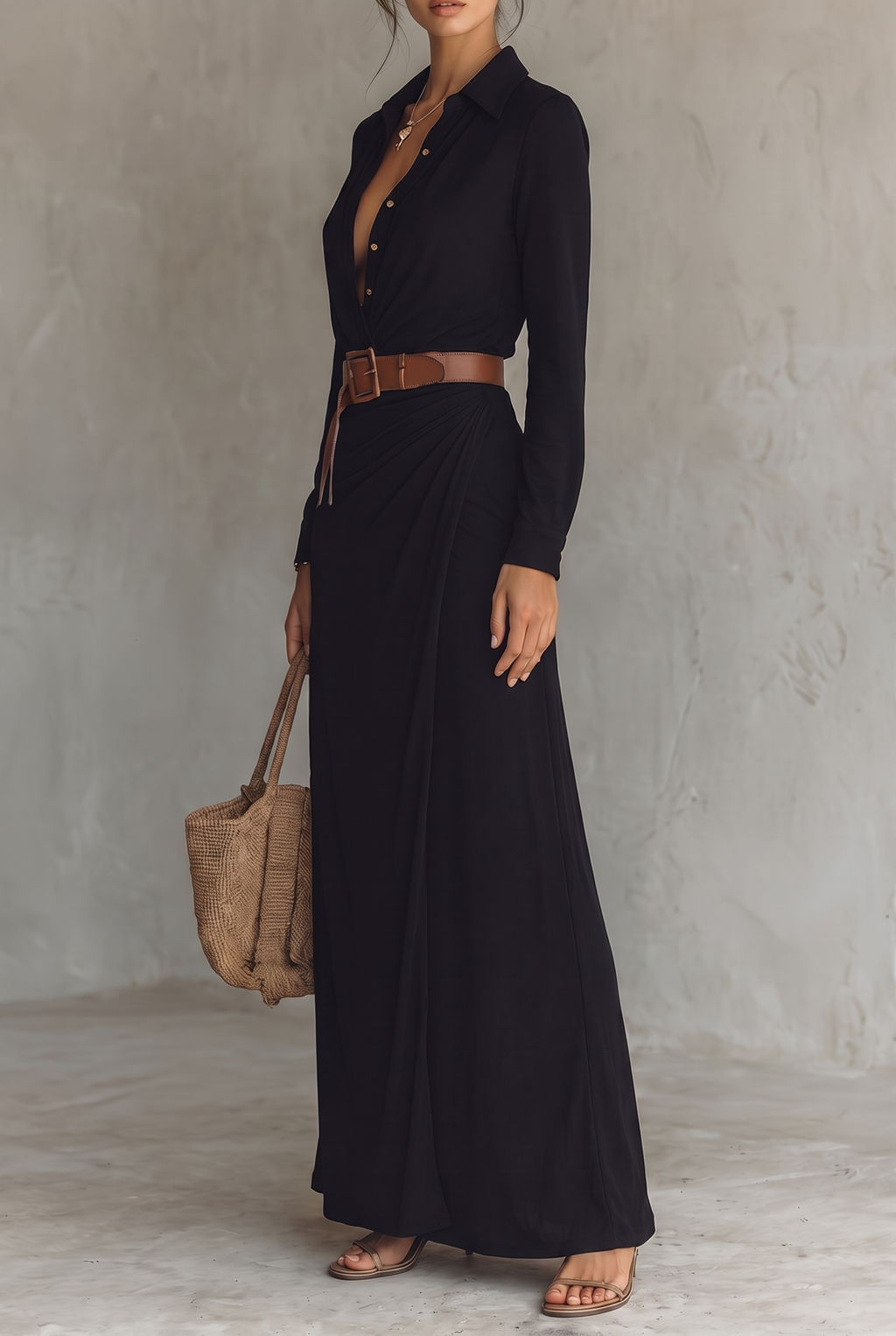 Women's Single-Breasted Maxi Dress with Lapel, Belt & Long Sleeves