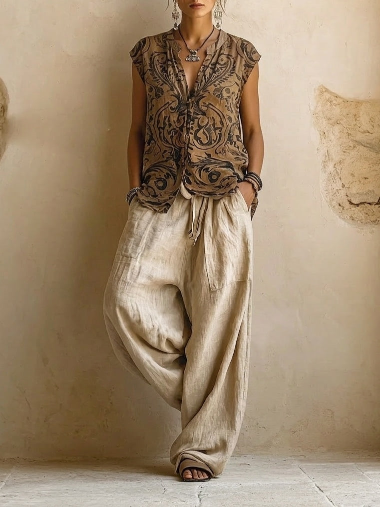 Women's Three-Piece Set with Top, Cardigan and Wide-Leg Pants