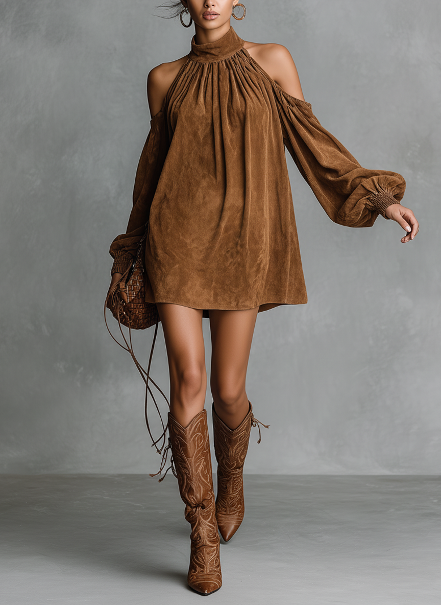 Women's Faux Suede Mini Dress with Halter Neck & Lantern Sleeves