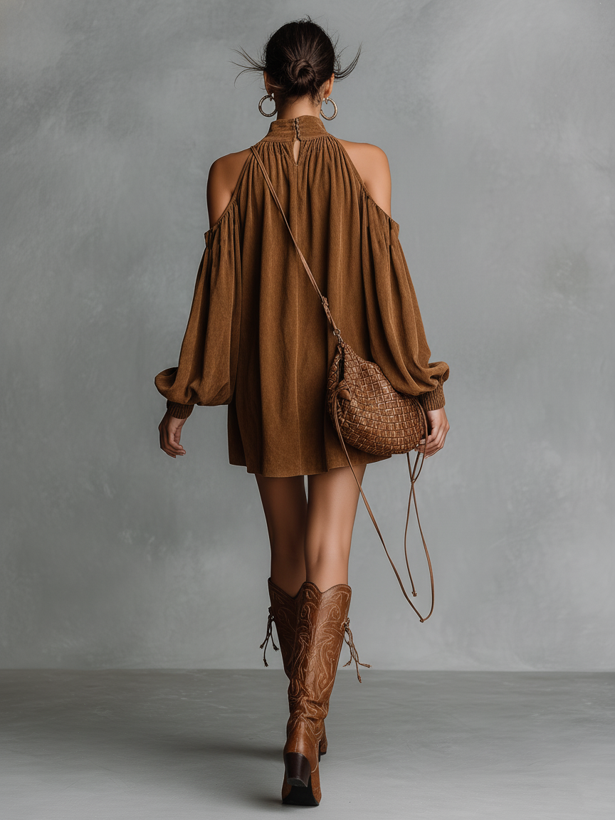 Women's Faux Suede Mini Dress with Halter Neck & Lantern Sleeves