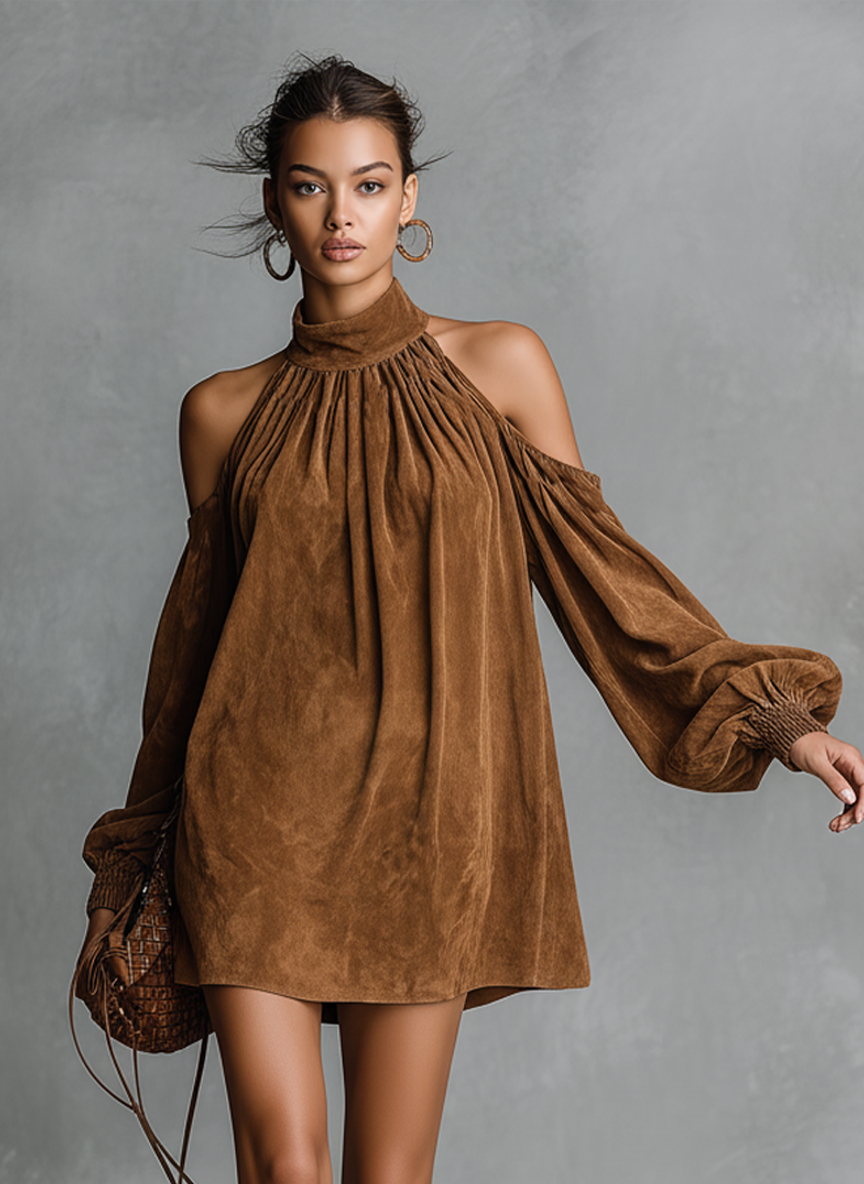 Women's Faux Suede Mini Dress with Halter Neck & Lantern Sleeves