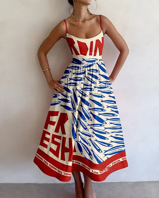 Women's Midi Dress with Artistic Print and Fitted Bodice
