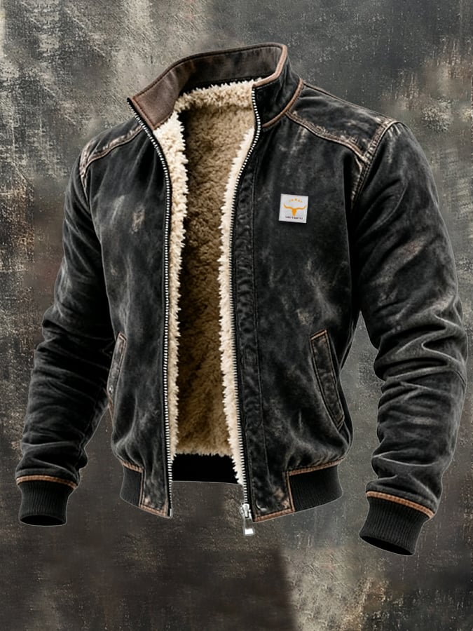 Men's Leather Jacket with Zip Closure and Sherpa Lining