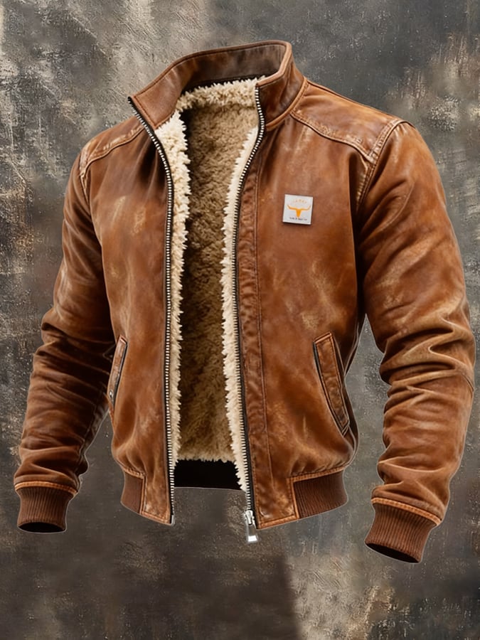 Men's Leather Jacket with Zip Closure and Sherpa Lining