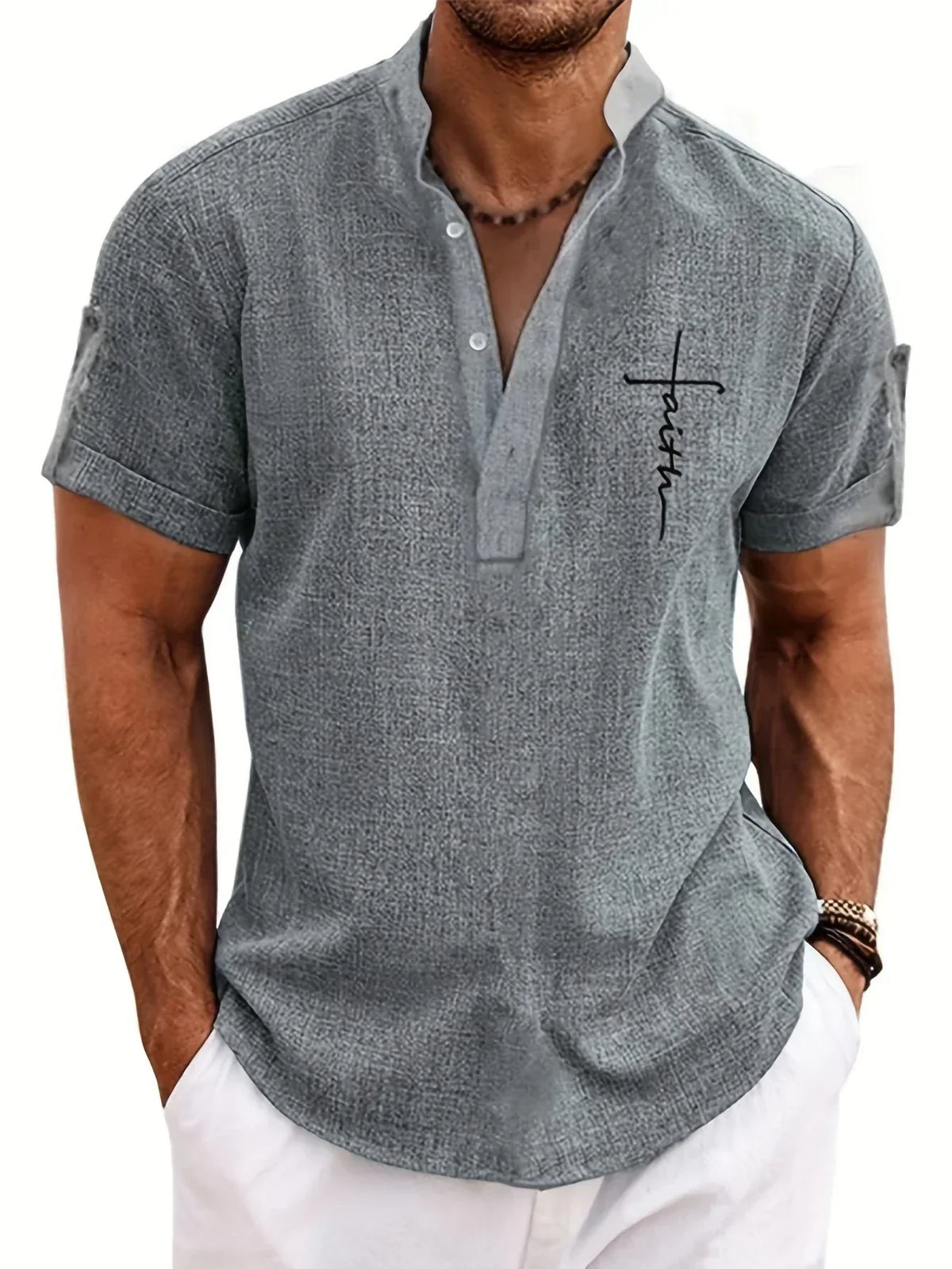 Men's Short-Sleeve Shirt with Stand Collar