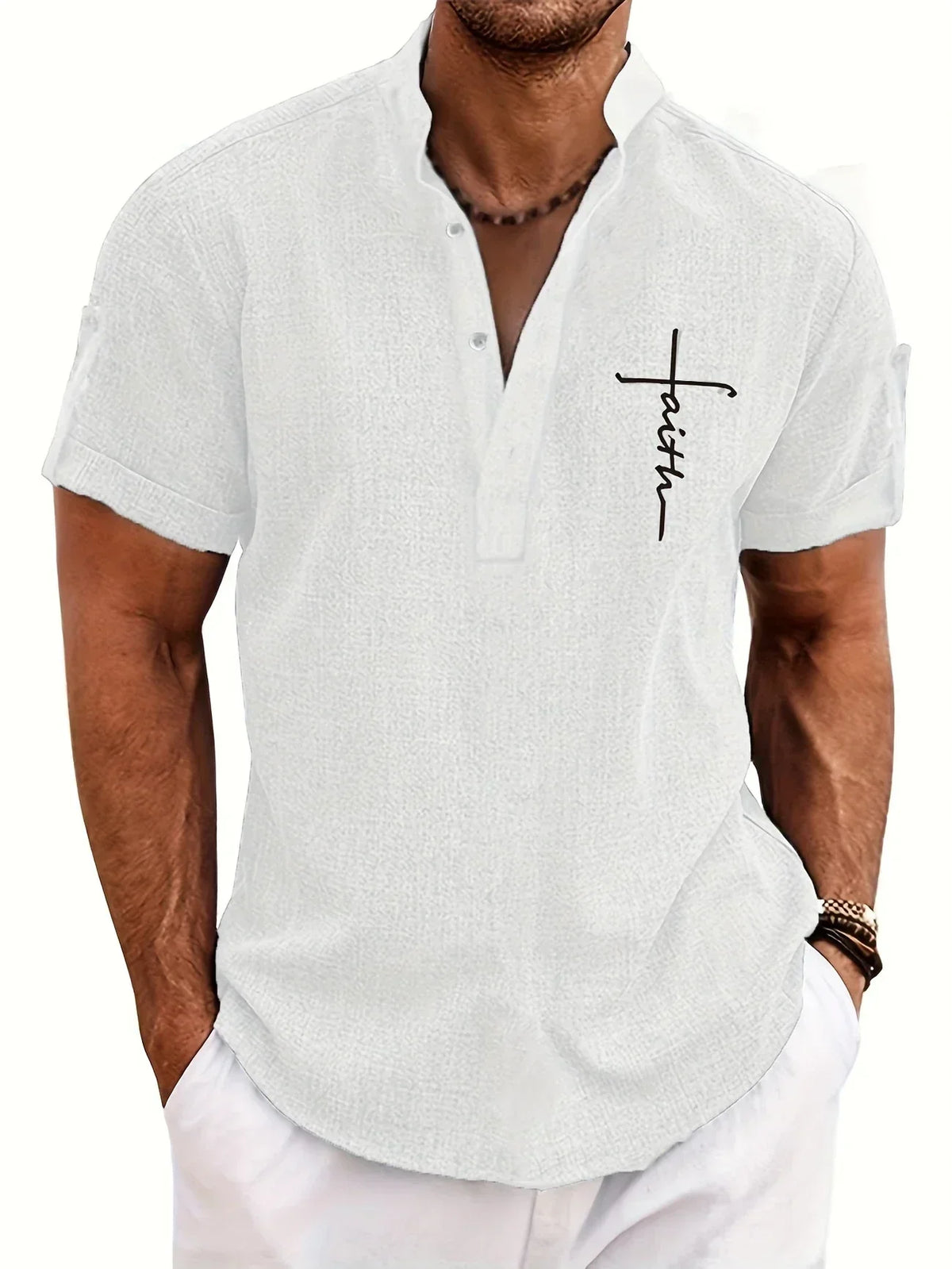 Men's Short-Sleeve Shirt with Stand Collar