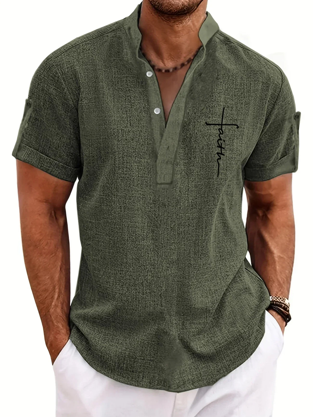 Men's Short-Sleeve Shirt with Stand Collar