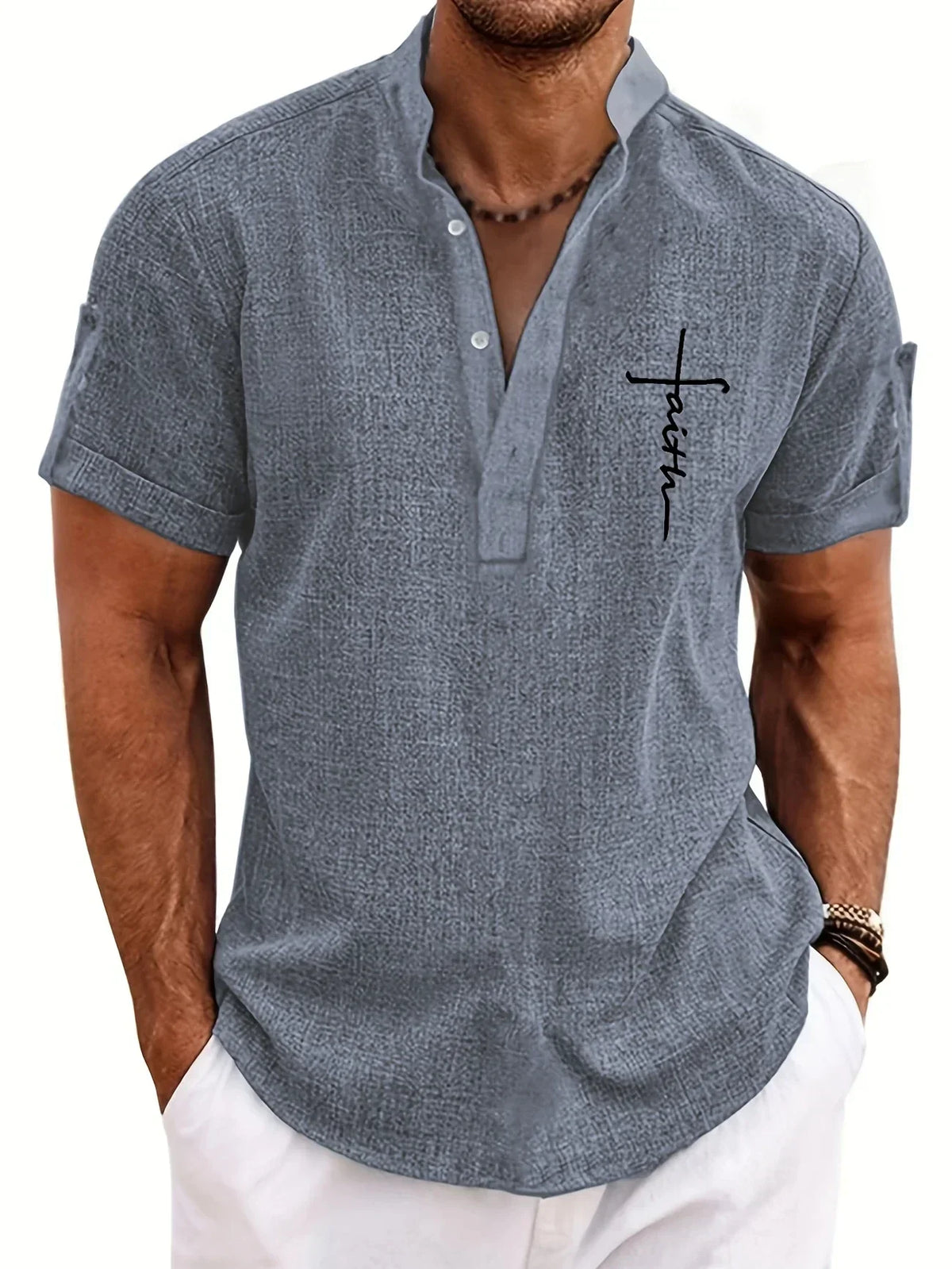 Men's Short-Sleeve Shirt with Stand Collar
