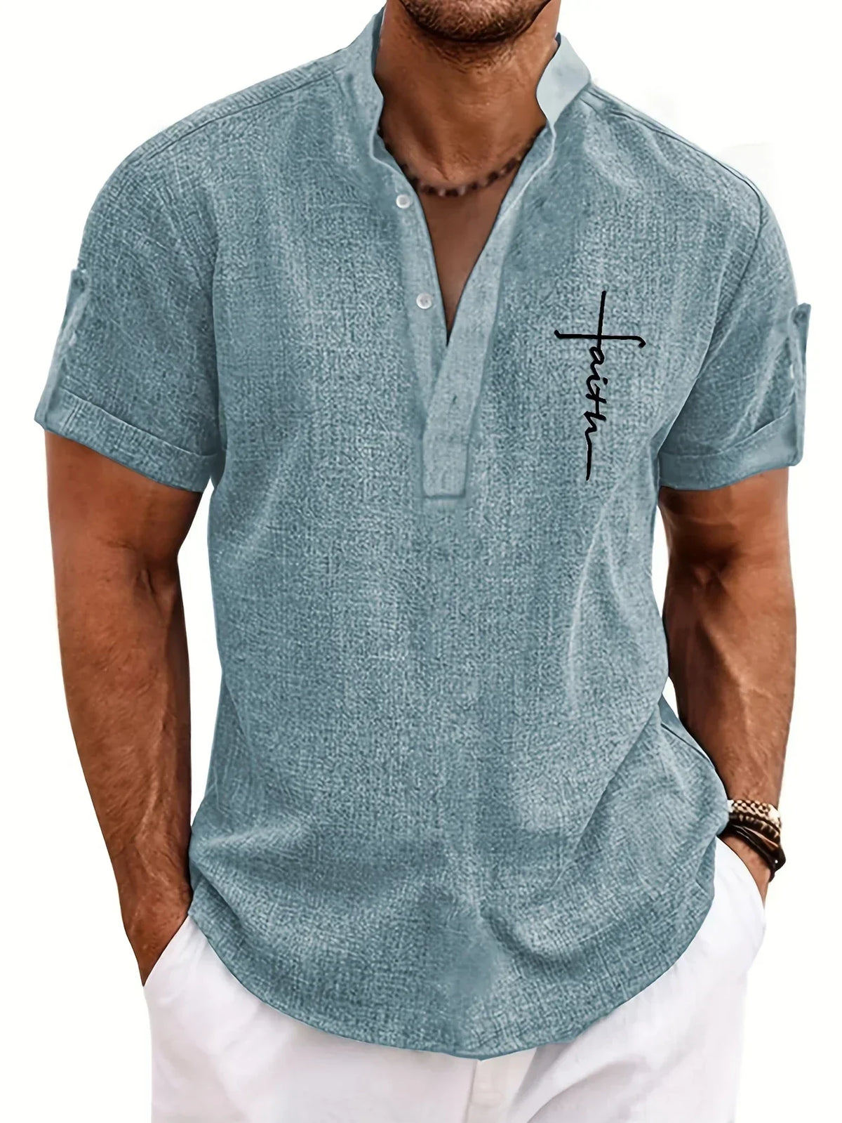 Men's Short-Sleeve Shirt with Stand Collar