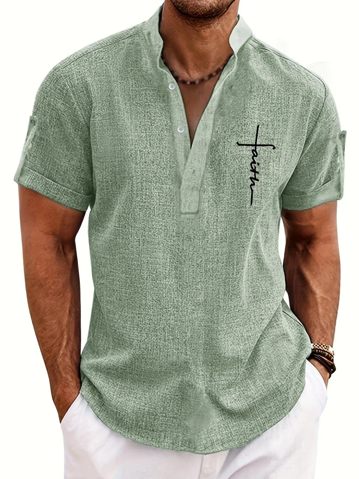 Men's Short-Sleeve Shirt with Stand Collar