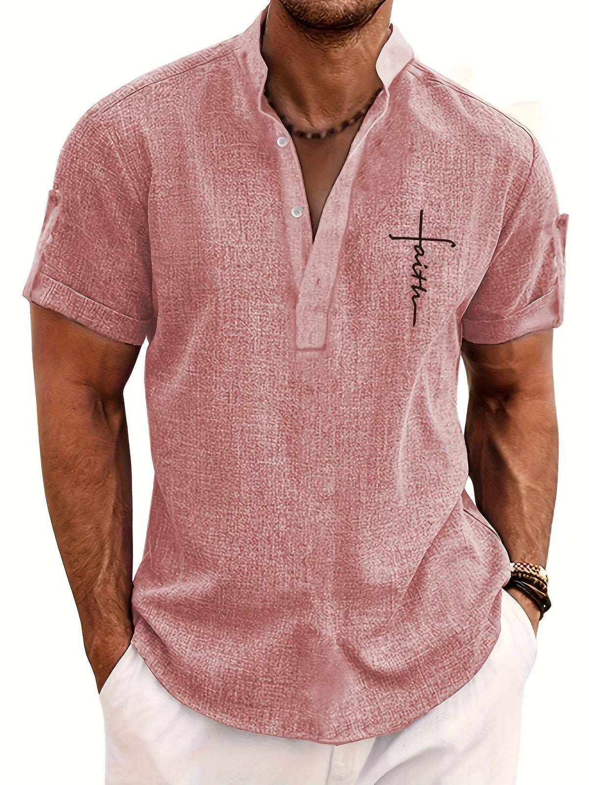 Men's Short-Sleeve Shirt with Stand Collar