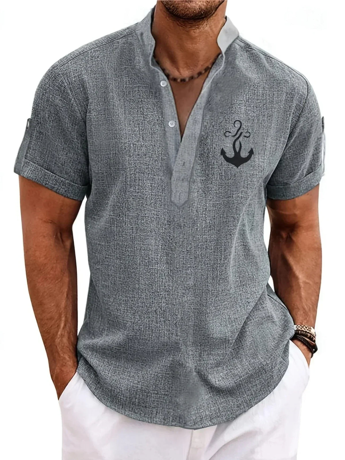 Men's Short-Sleeve Shirt with Stand Collar