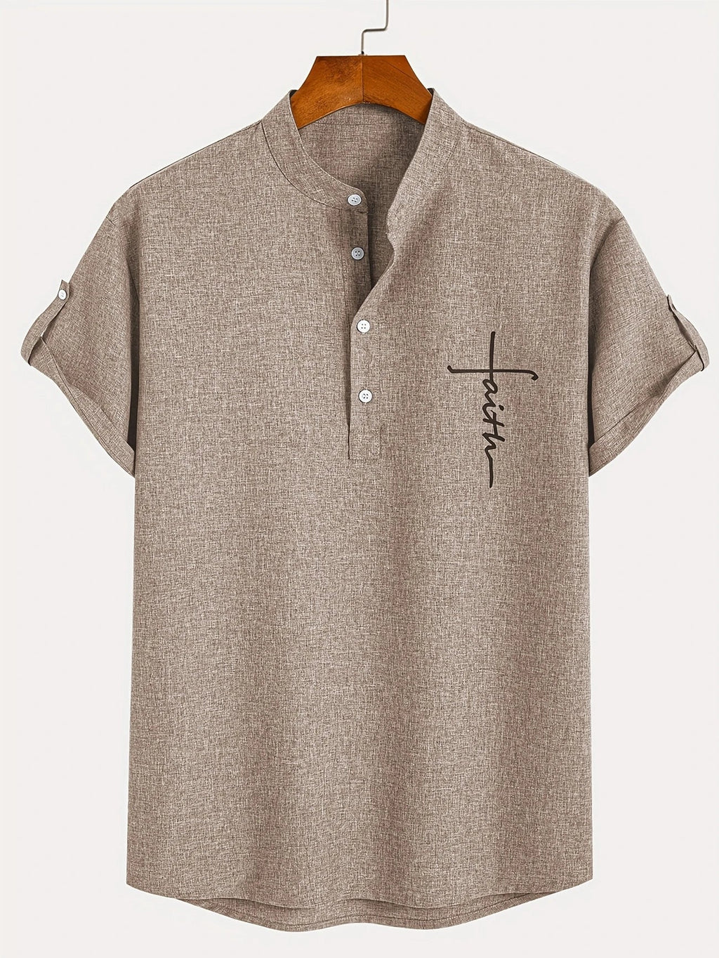 Men's Short-Sleeve Shirt with Stand Collar