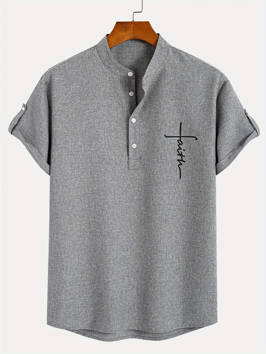 Men's Short-Sleeve Shirt with Stand Collar