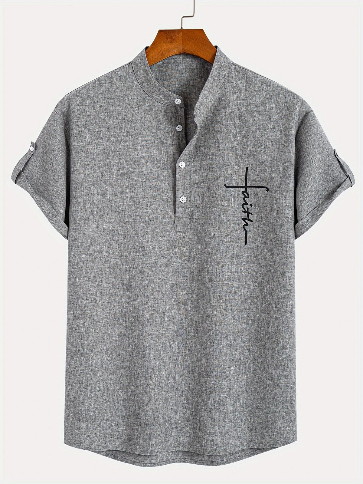 Men's Short-Sleeve Shirt with Stand Collar