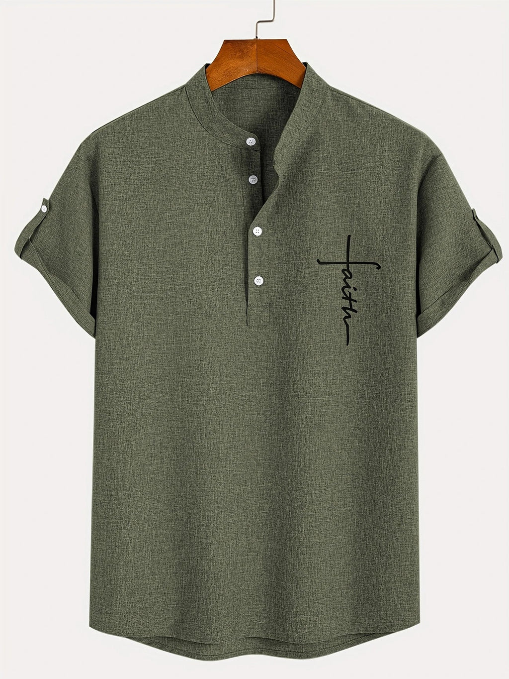 Men's Short-Sleeve Shirt with Stand Collar
