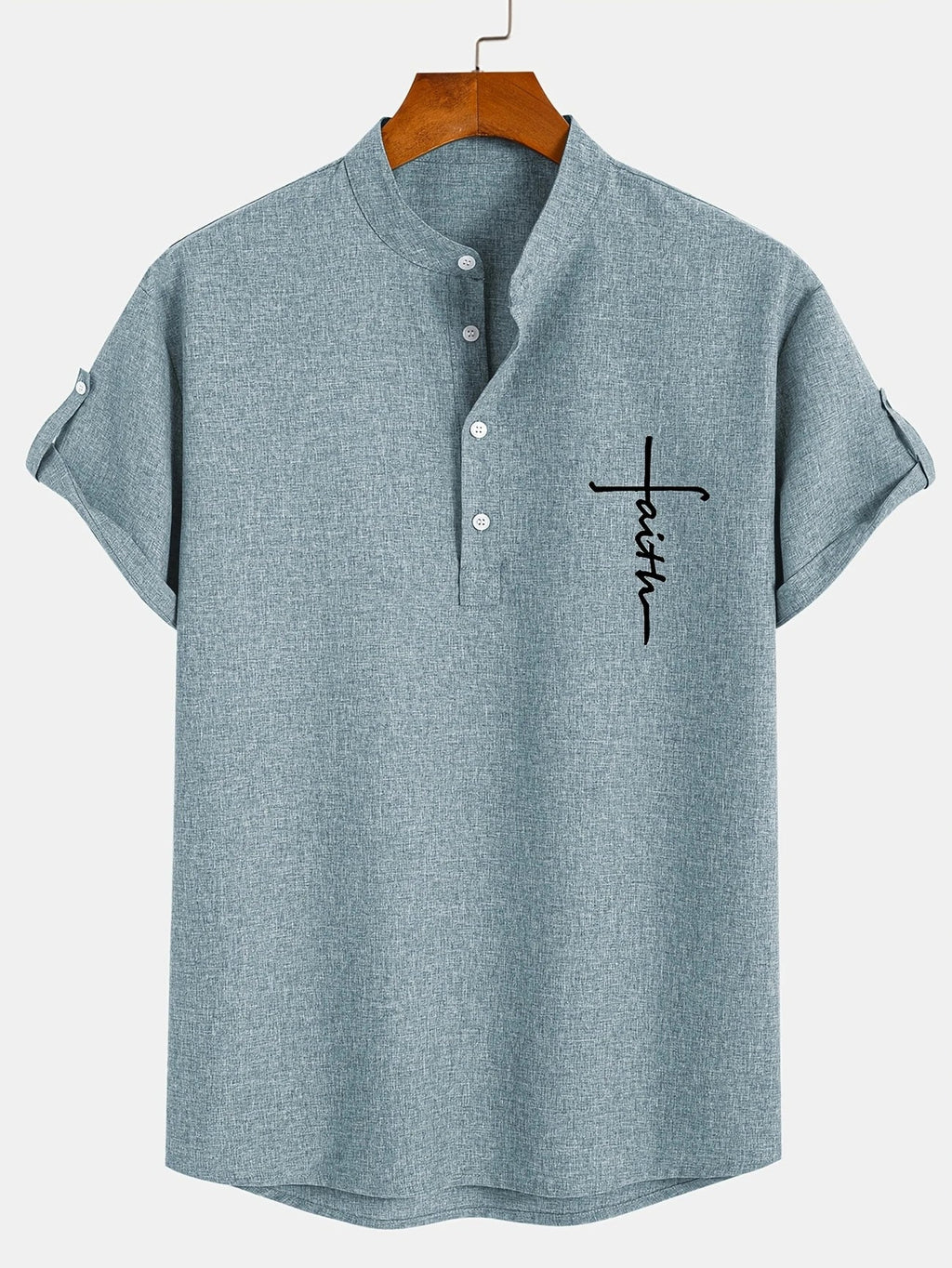 Men's Short-Sleeve Shirt with Stand Collar