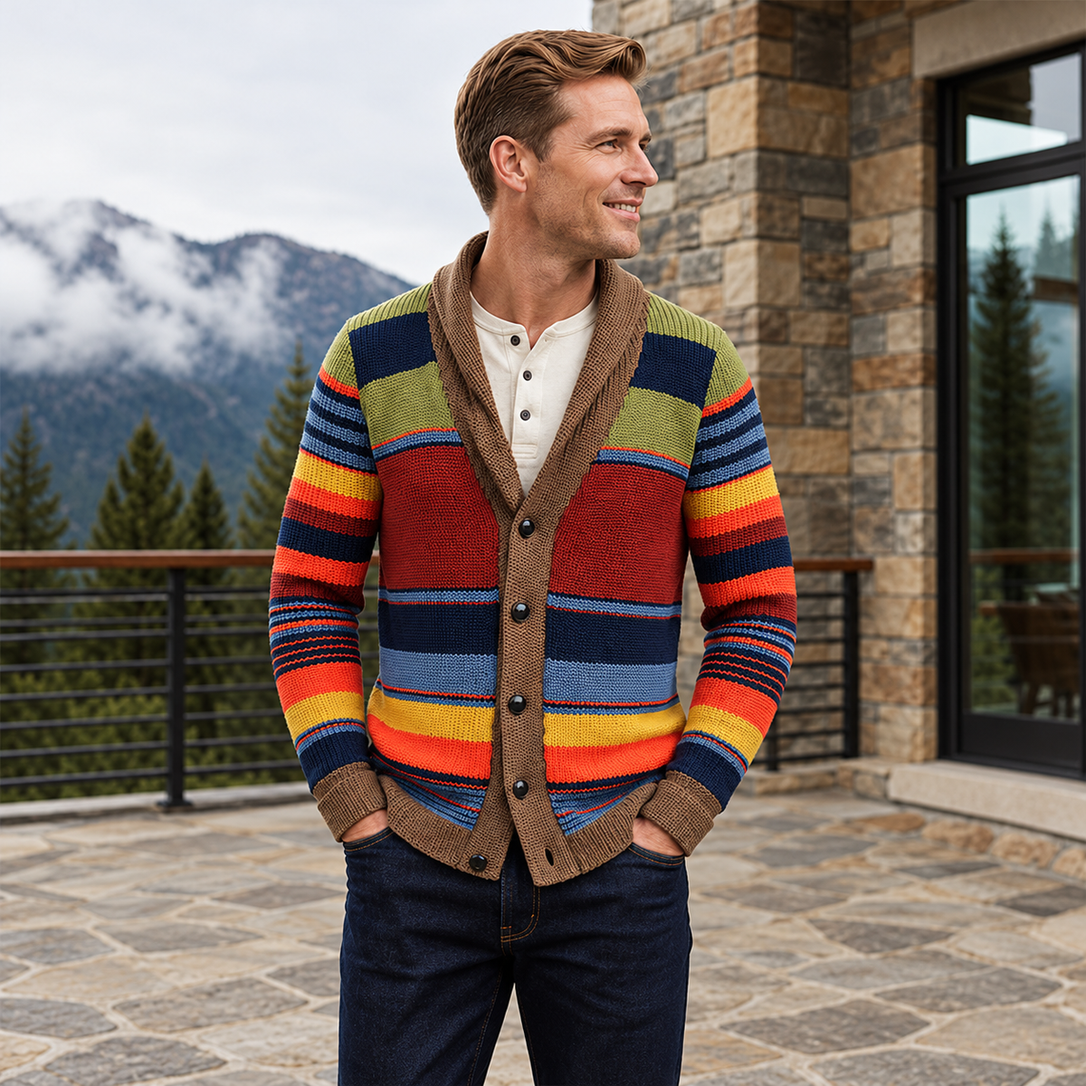 Men's Striped Knit Cardigan with Shawl Collar