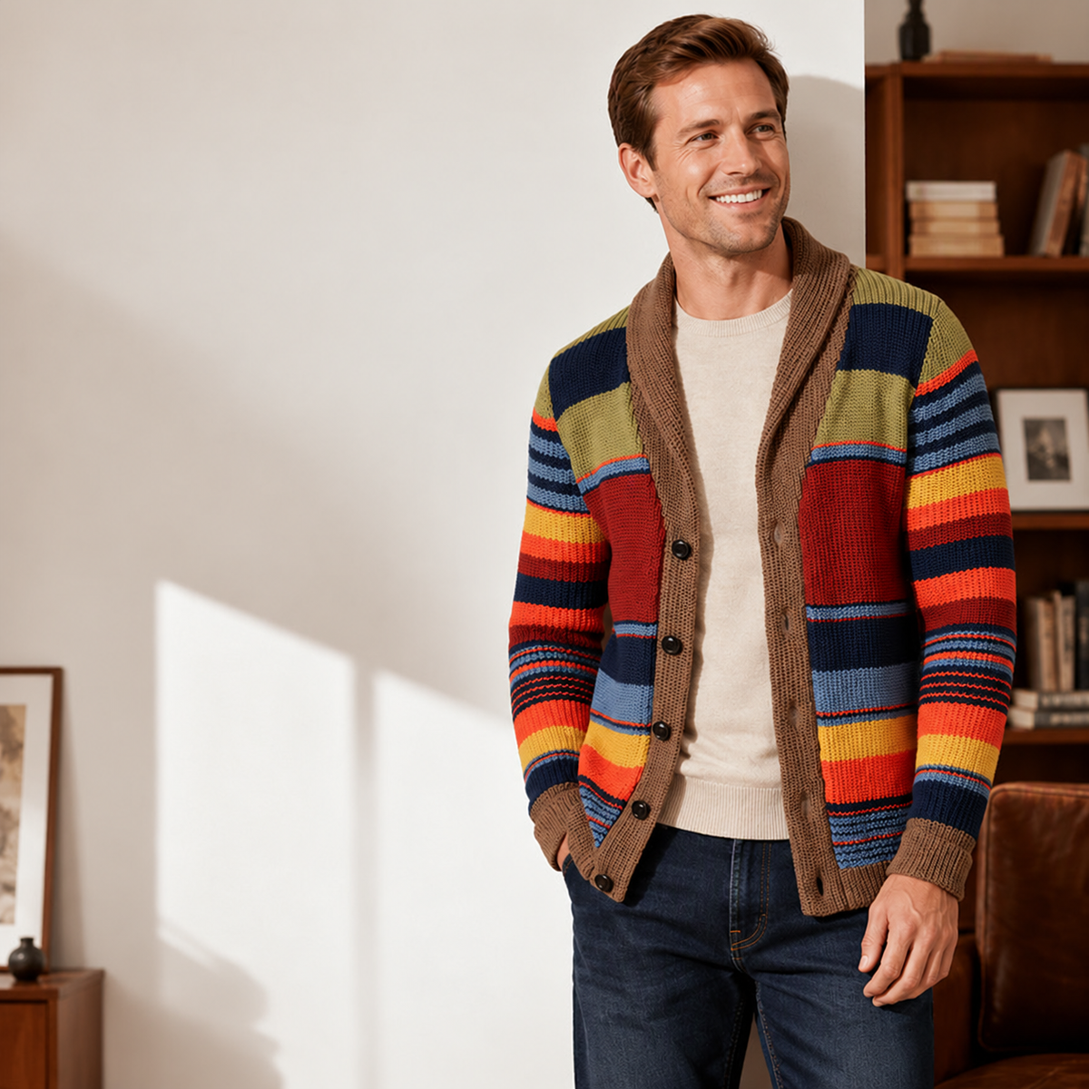 Men's Striped Knit Cardigan with Shawl Collar