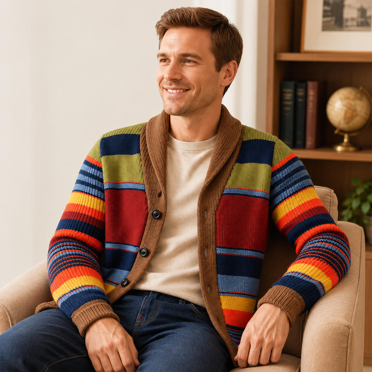 Men's Striped Knit Cardigan with Shawl Collar