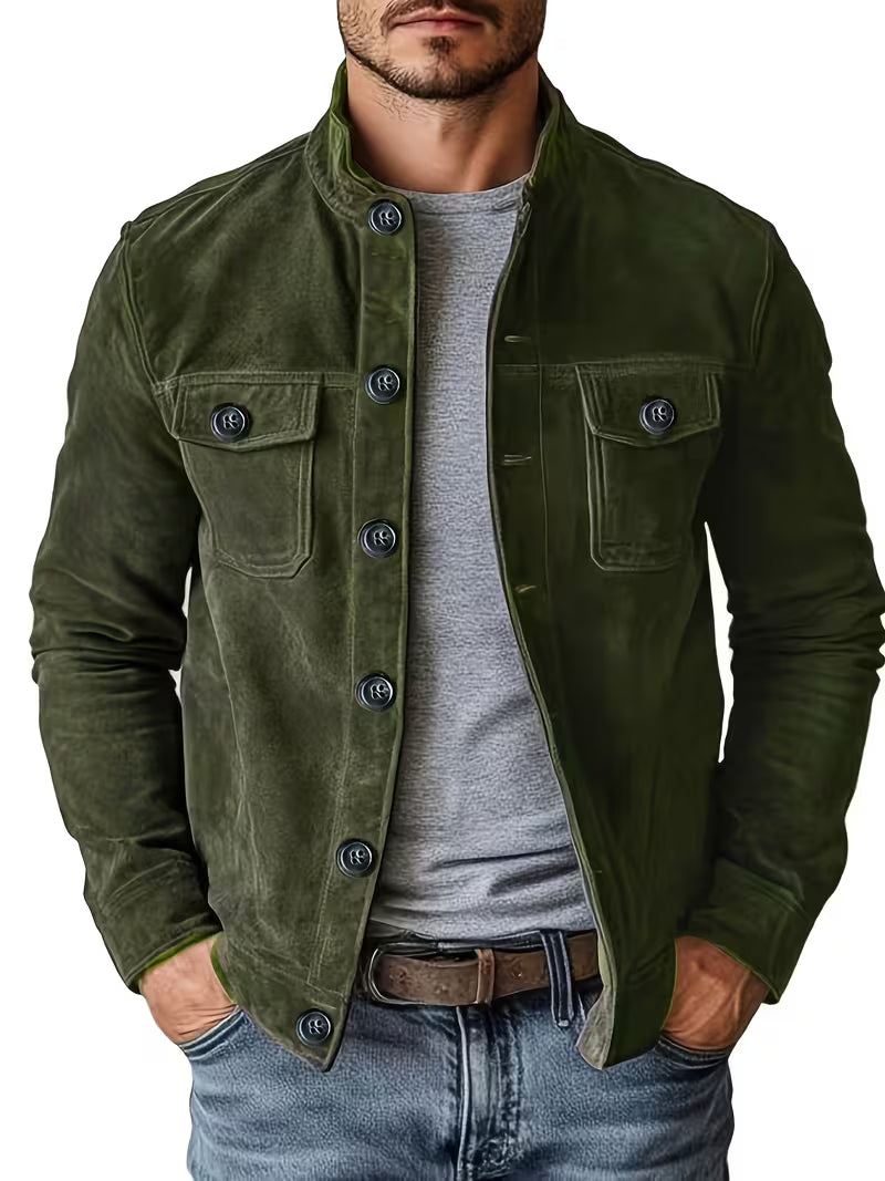 Men's Suede-Look Jacket with Stand Collar and Front Pockets