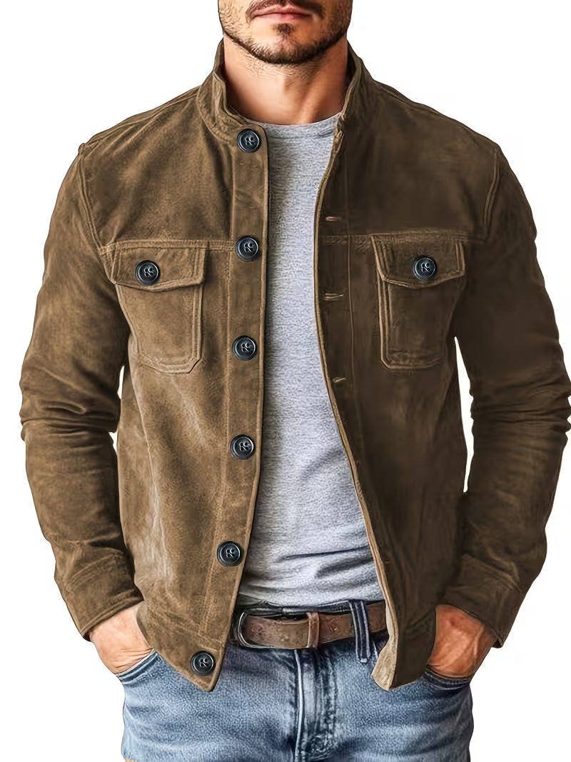 Men's Suede-Look Jacket with Stand Collar and Front Pockets