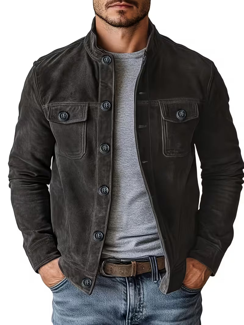 Men's Suede-Look Jacket with Stand Collar and Front Pockets