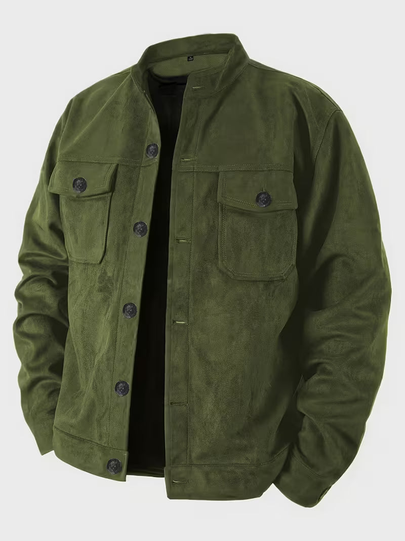 Men's Suede-Look Jacket with Stand Collar and Front Pockets