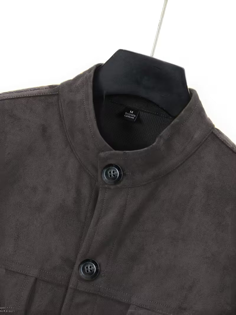 Men's Suede-Look Jacket with Stand Collar and Front Pockets