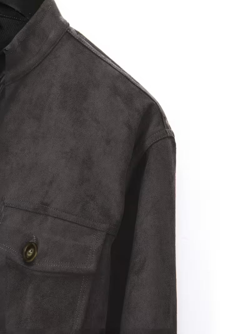 Men's Suede-Look Jacket with Stand Collar and Front Pockets
