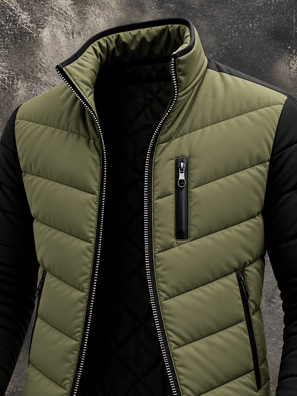 Men's Puffer Jacket with Full Zip and Stand Collar