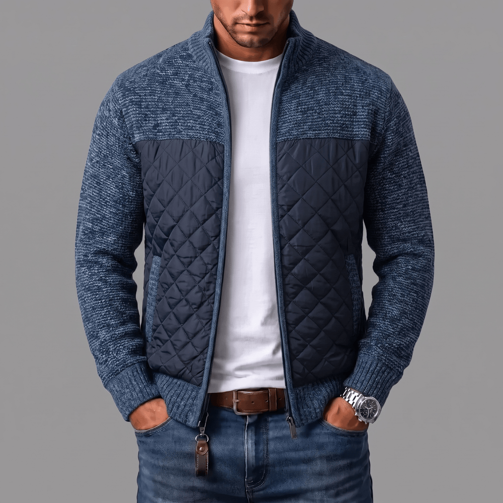 Men's Cardigan with Quilted Front Panels and Full-Zip Closure