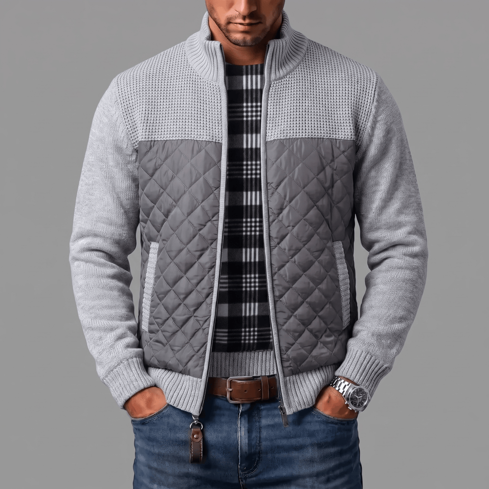 Men's Cardigan with Quilted Front Panels and Full-Zip Closure