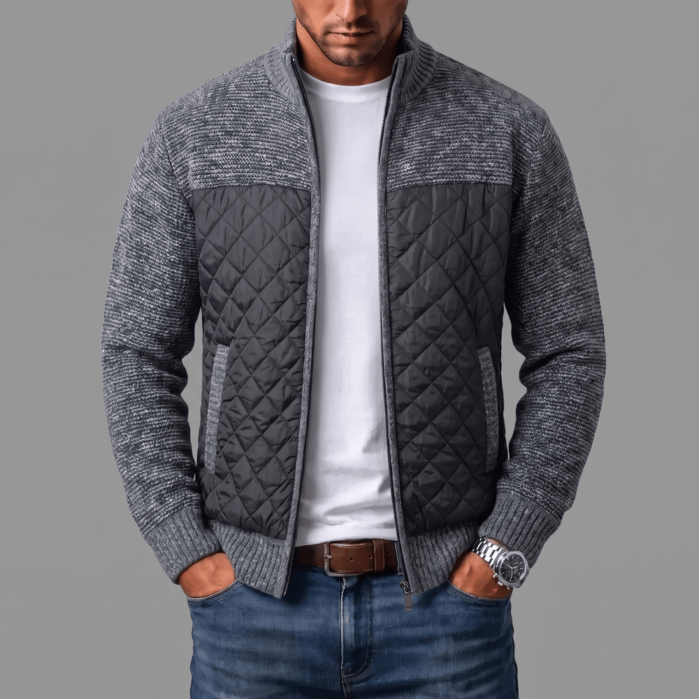 Men's Cardigan with Quilted Front Panels and Full-Zip Closure