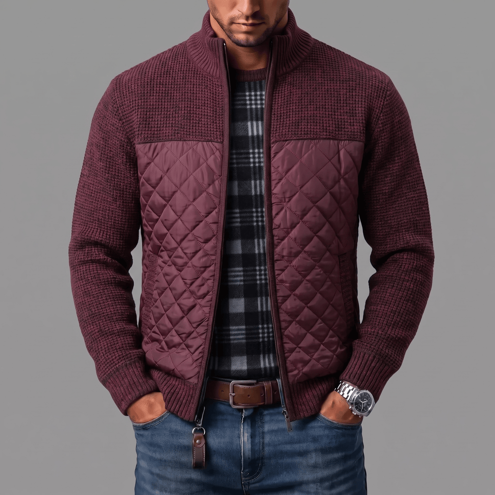 Men's Cardigan with Quilted Front Panels and Full-Zip Closure