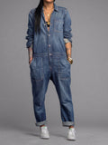 Women's Denim Coverall Jumpsuit with Button Front and Utility Pockets