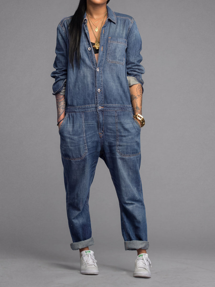 Women's Denim Coverall Jumpsuit with Button Front and Utility Pockets