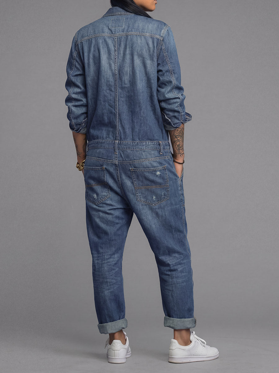 Women's Denim Coverall Jumpsuit with Button Front and Utility Pockets